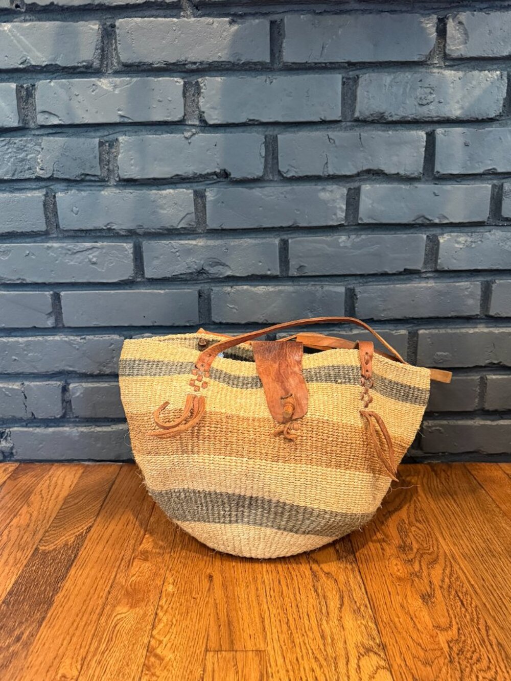 Vintage Large Woven Sisal Round Market Tote Bag with Leather Straps